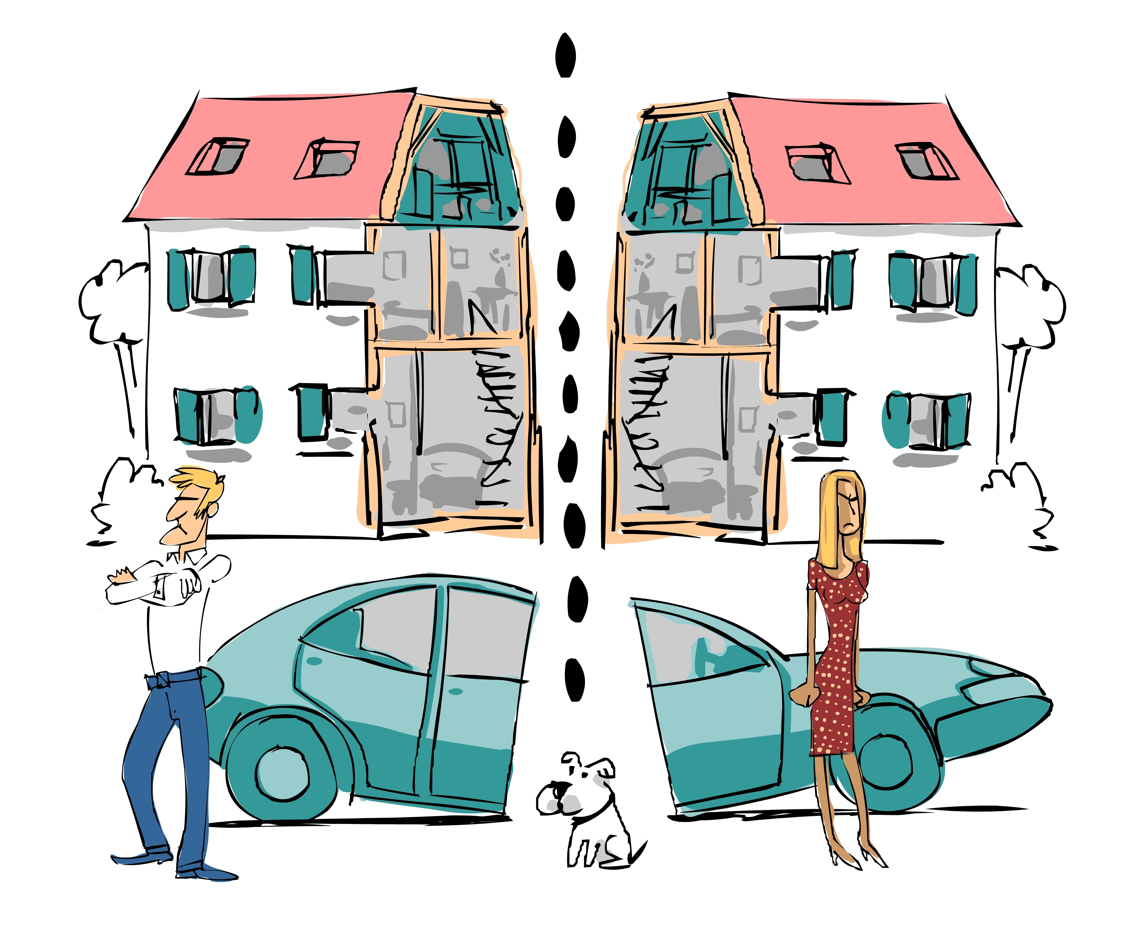 illustration d'une séparation entre un homme et une femme, la maison et la voiture coupées en 2