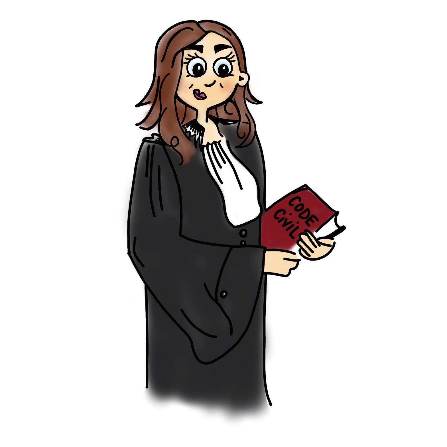 illustration graphique de Maître Marion Coeuret en robe d'avocat et tenant le code civil entre ses mains