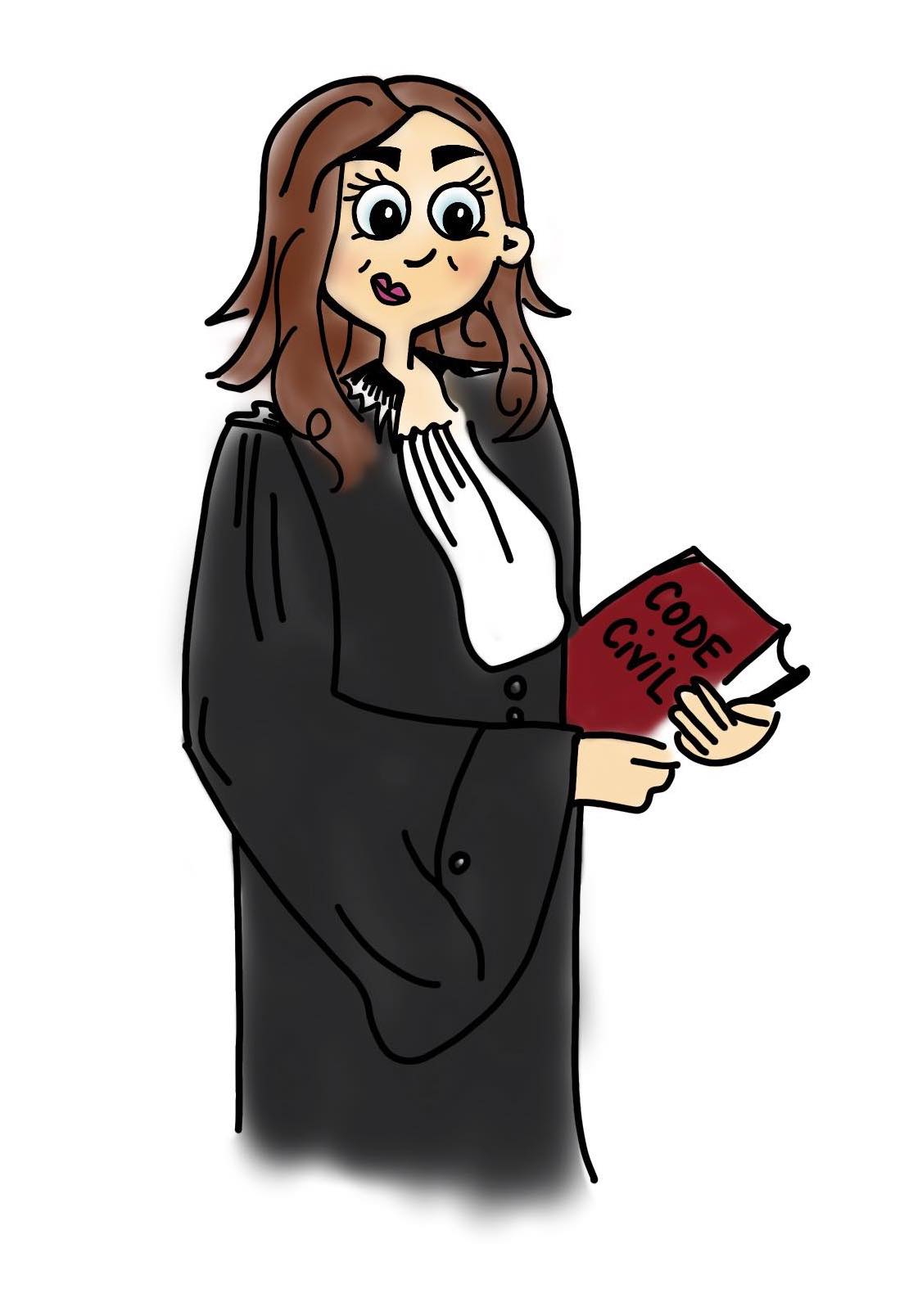 dessin de Maître Marion Coeuret en robe d'avocat et tenant le Code Civil entre ses mains